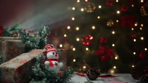 Christmas Decorations Presents and Snowman on a Table