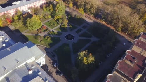 op view of courtyard landscape with park near buildings
