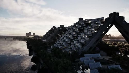 Diseño arquitectónico urbano a lo largo de la orilla del río al amanecer con estructuras modernas