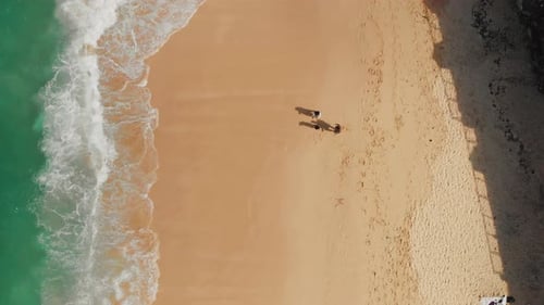Top Aerial View on Sandy Ocean Shore with Resting Tourists and Beach Umbrellas Turquoise Water in