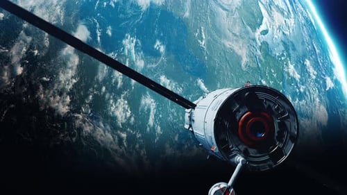 Space Satellite Deploying Solar Panels Above Earth