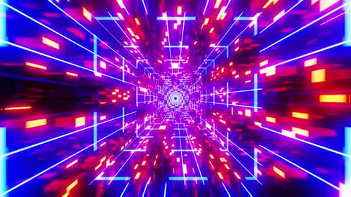 Dynamic neon grid tunnel with vibrant light particles accelerating forward