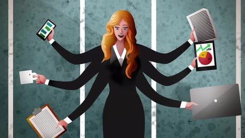 Multitasking-Geschäftsfrau mit vielen Armen, die mehrere digitale Geräte verwaltet