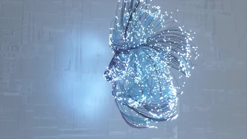 Human Face Emerges From Neon Particles and Neurons The Creation of Man Artificial Intelligence Blue