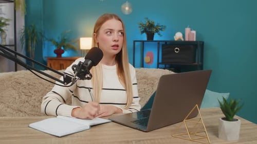 Caucasian Young Adult Woman Working on Blog Planning Online Stream at Home Sofa Table Inspiring