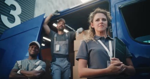 Team of Diverse Workers Standing Outside of Logistics Distribution Warehouse Looking at Camera