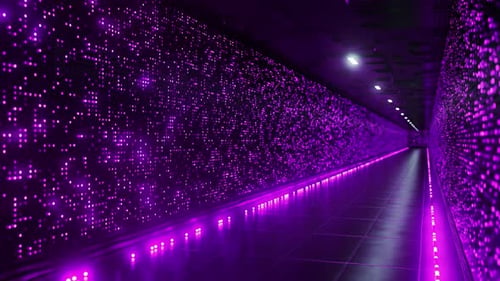 Data center corridor with purple lights blinking