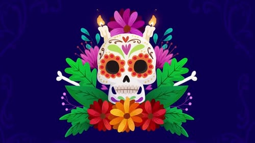 Vibrant Día de los Muertos Sugar Skull and Flowers Animation