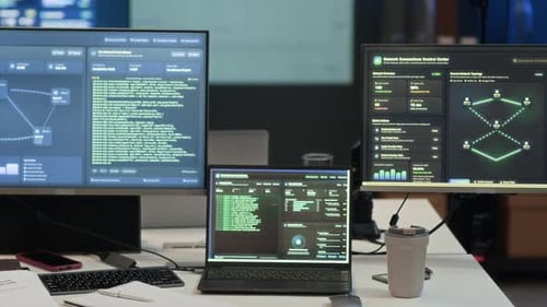 Poste de travail de cybersécurité avec écrans affichant l'analyse du réseau et les codes