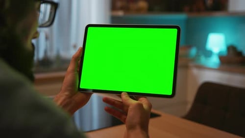 Shot of Unrecognizable Caucasian Man Holding Black Digital Tablet with Green Screen Male Hands Using