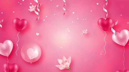 Romantic Pink Background with Floating Heart Balloons and Confetti