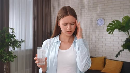 Young Adult Woman Drinks Sparkling Water for Headache