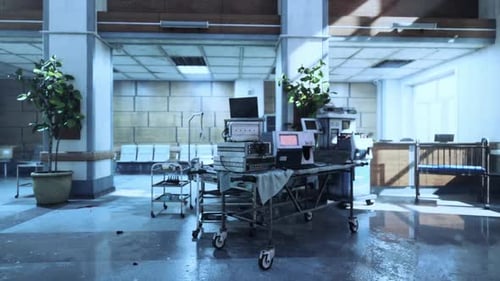 Abandoned Hospital Interior with Equipment Left in Disarray and Overgrowth