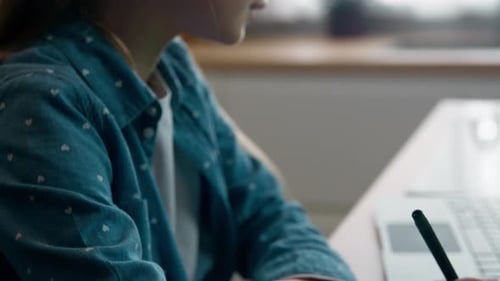 Concentrated Clever Caucasian Girl Schoolgirl Child Kid Daughter Preparing School Homework Study