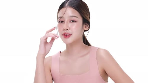 Close up portrait beautiful young Asian woman with healthy facial skin.