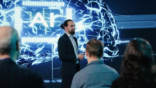 Man Presenting Artificial Intelligence Concept to Audience