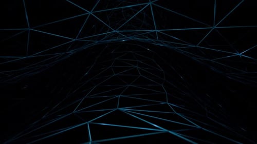 Abstrakte blaue Plexus-Netzwerkstruktur mit polygonalem Drahtgitternetz und Lichtern, die sich im Dunkeln bewegen
