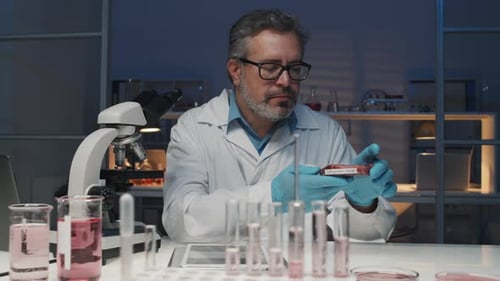 Scientist Examines Samples Under Microscope in Bright Lab