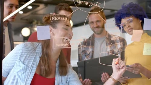 Felizes, diversos colegas criativos discutindo ideias, fazendo anotações em parede de vidro, câmera lenta