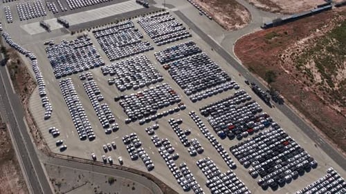 Top View of a Huge Fleet of New Cars for Export Cars in the Open Air