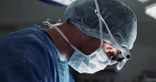 Surgery, hospital and doctor with face mask for operation, medical emergency and service in theater