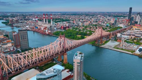 Flying closer to the beautiful Queensboro Bridge in New York, USA.