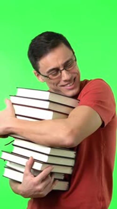 Young Adult Hugging a Stack of Books