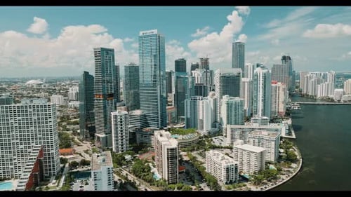 Drone Aerial View of Brickell Coastline and Downtown Miami