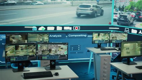 Empty Observation Room with a Big Screen to Monitor Traffic Surveillance