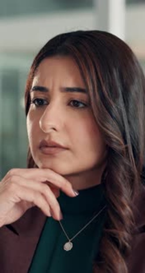 Business, thinking and woman in office, planning and media agency with decision for submission