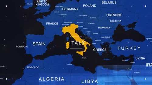 Futuristic Digital World Map Zooming to Italy