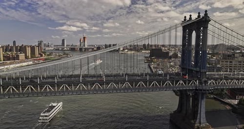 NYC New York Aerial v405 low drone flyover East river and waterfront park capturing traffics on Manh