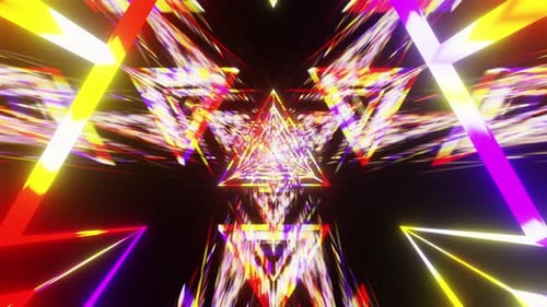 Neorot, gelb, lila, dreieckiger Raumtunnel, mehrfarbiger VJ-Loop-Animationshintergrund