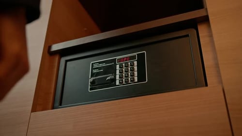 Eine Hand gibt einen Code ein, um einen Safe oder Tresor in einem Hotelzimmer zu öffnen und zu verschließen. Diebstahl oder Aufbewahrung von Wertsachen
