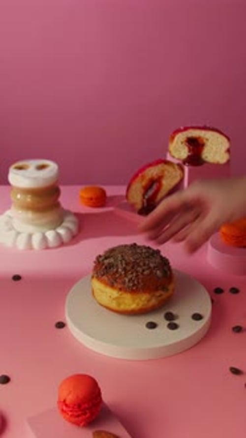 Delicious Doughnuts and Macarons Arranged on a Pink Table