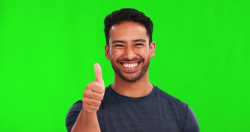 Thumbs up, face and happy man in green screen studio with hand, sign and thank you mockup