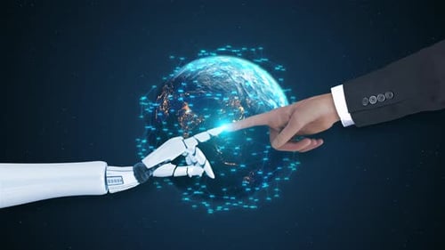 Futuristisches 3D-KI für maschinelles Lernen, Hände eines Roboters und Menschen, die eine Big-Data-Netzwerkverbindung berühren