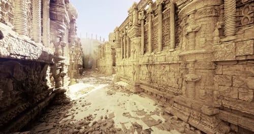 Ancient Ruins with Intricate Carvings Under Bright Sunlight in Remote Location