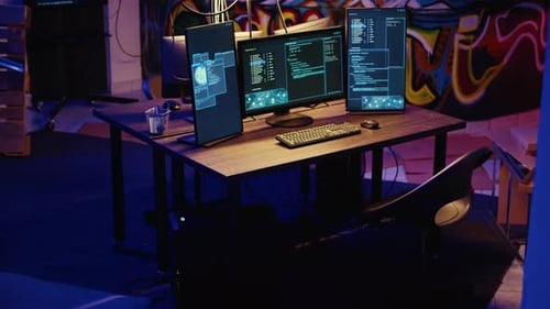 Software Engineer Workspace with Illuminated Coding Monitors