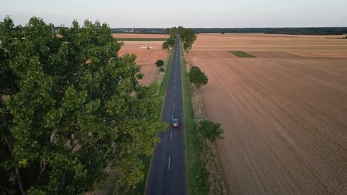 Aerial View of Car Road Among Agricultural Fields at Sunset