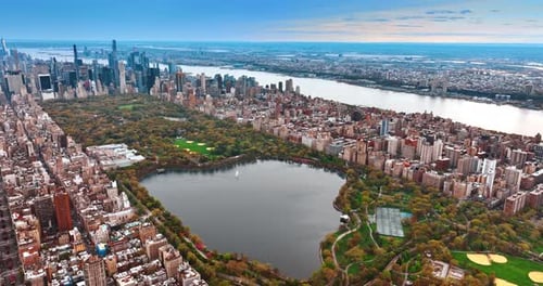 Scenic view of Central Park in the cityscape of New York, the USA. Aerial perspective.
