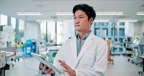 Thinking, tablet and healthcare with Japanese man in laboratory for medical school