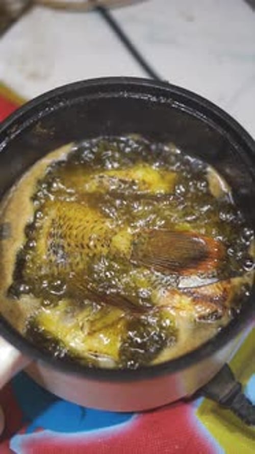 Fish being fried in pan with oil