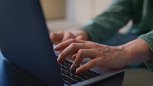 Businessman Fingers Typing Keyboard Laptop Office Closeup Smiling Guy Working