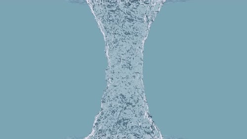 Flujo de agua simétrico fascinante que crea un efecto de vórtice aislado sobre un fondo azul cielo.