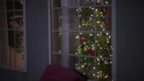 Beautiful Christmas tree in lounge at family home, festive American household