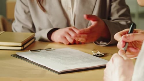 Customer Signing Contract Real Estate Agent Giving Home Keys Closeup Woman Realtor