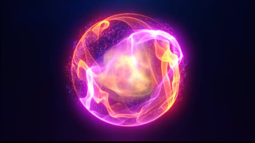 Energy sphere with glowing bright particles, atom with electrons and elektric magic field