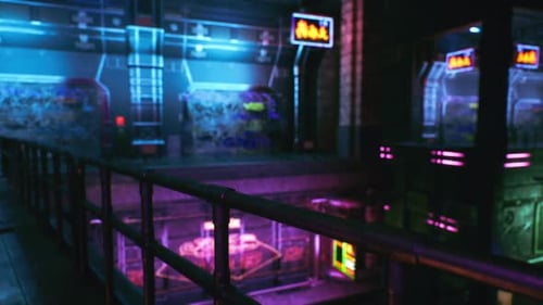 Vibrant Urban Setting with Neon Lights Illuminating Indoor Arcade