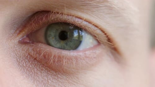 Closeup of a green eye blinking during vision test